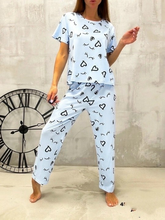 пижама комплект,женская пижама,пижама женская с брюками m,l,xl,xxl,с сердечками,пижама голубая,пижама со штанами