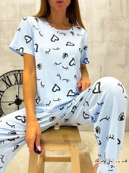 пижама комплект,женская пижама,пижама женская с брюками m,l,xl,xxl,с сердечками,пижама голубая,пижама со штанами