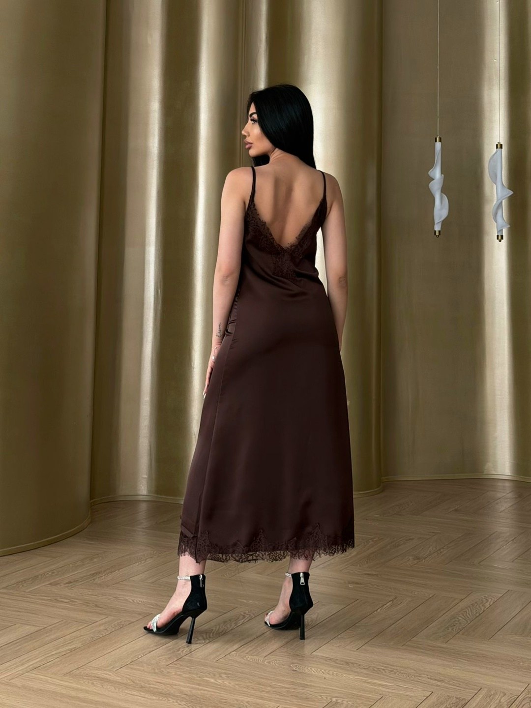 платье комбинация,длинная сорочка на бретелях mia-amore adelina 4175 черный,платье-комбинация с кружевом,длинная шелковая сорочка с кружевом mia-amore adelina 4175,элегантное черное платье-комбинация