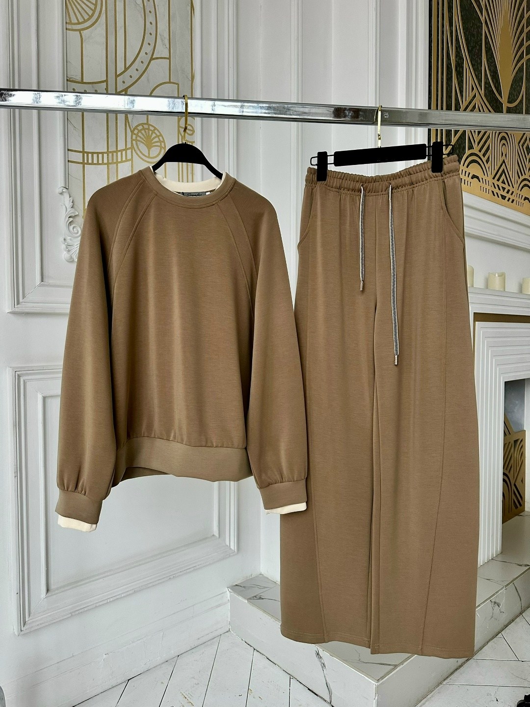 костюм женский с брюками палаццо,костюм брючный,костюм бежевый,трикотажные костюмы,светло-коричневый костюм женский с брюками палаццо
