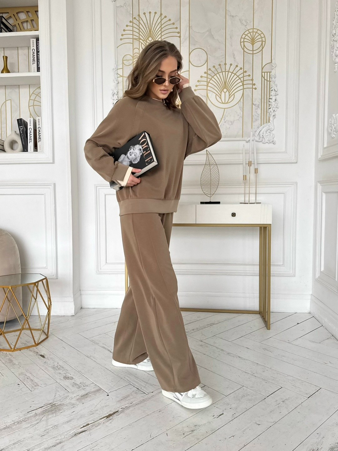 костюм женский с брюками палаццо,костюм брючный,костюм бежевый,трикотажные костюмы,светло-коричневый костюм женский с брюками палаццо