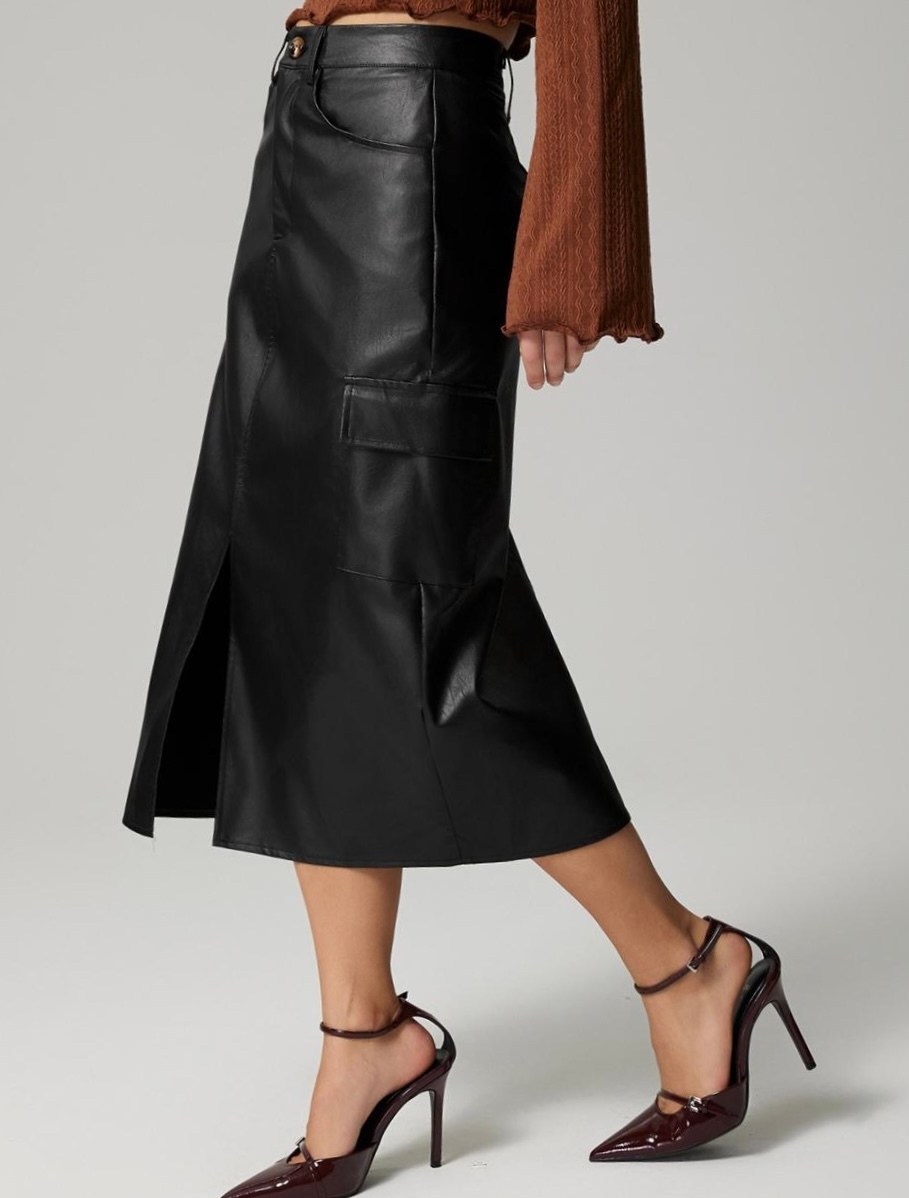 юбка кожаная,кожаная юбка миди,коричневая кожаная юбка,кожаная юбка с разрезом,юбка из экокожи