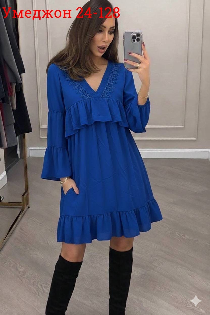 платье женское,платье с оборками,модное платье,свободное платье,платье женское синее