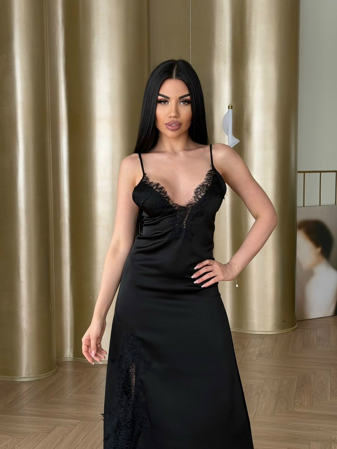 платье комбинация,длинная сорочка на бретелях mia-amore adelina 4175 черный,платье-комбинация с кружевом,длинная шелковая сорочка с кружевом mia-amore adelina 4175,элегантное черное платье-комбинация