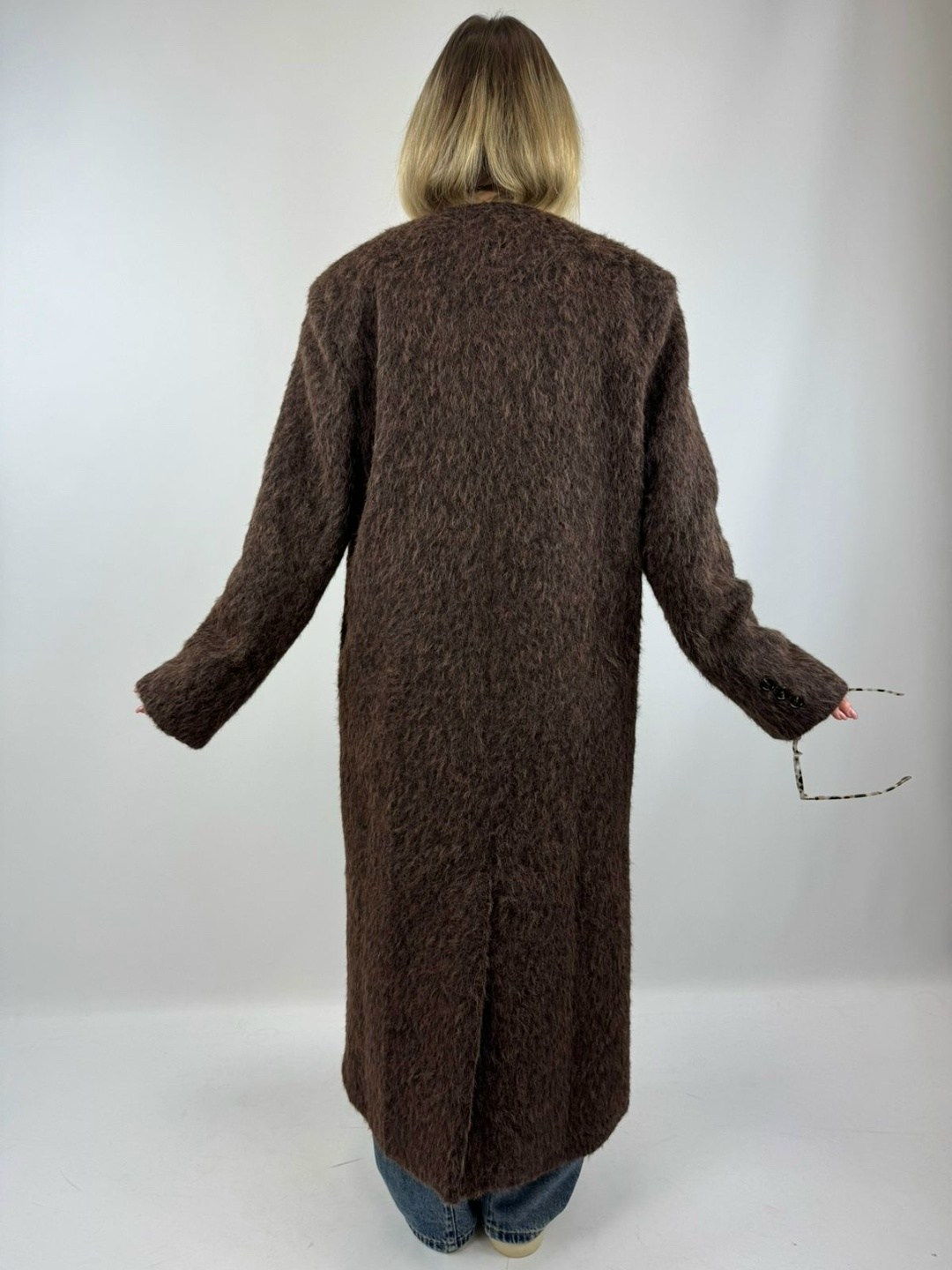длинное двубортное пальто оверсайз из смесовой шерсти,пальто драповое без меха finn flare цвет коричневый,пальто оверсайз,женское пальто,пальто