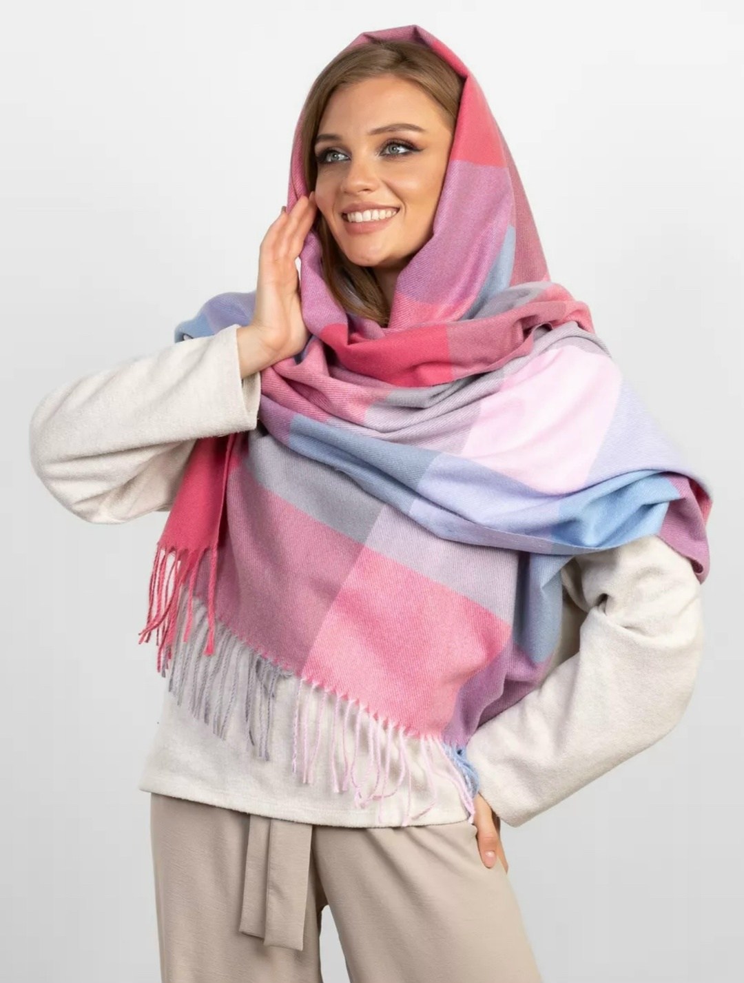 модные женские шарфы,женский палантин,шарф палантин женский,палантин шарф в клетку теплый d&t shop,шарф плед