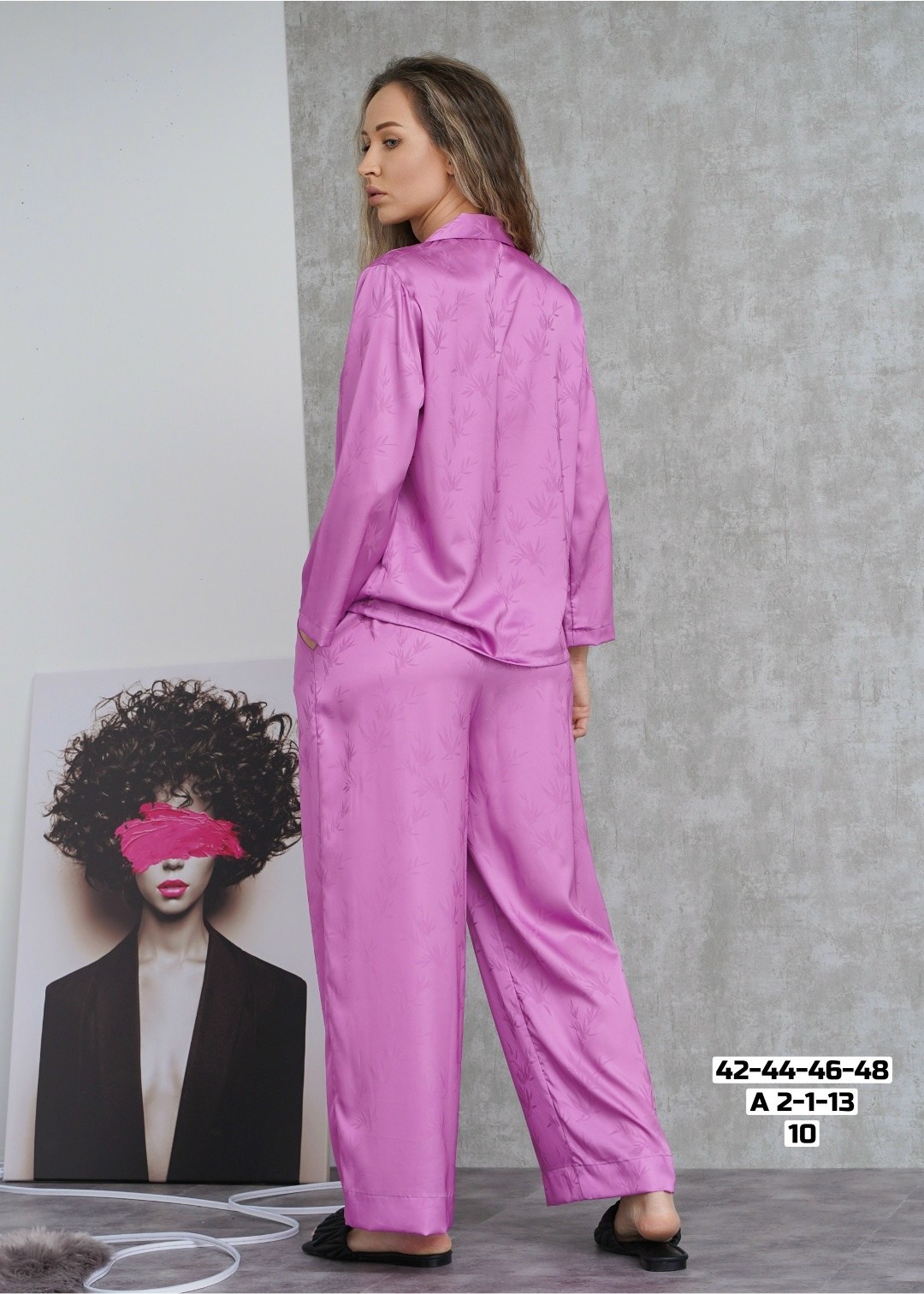 пижама женская,атласный брючный костюм с перьями,шелковая пижама,женская пижама из шелка,костюм anastasia 843 ярко-розовый