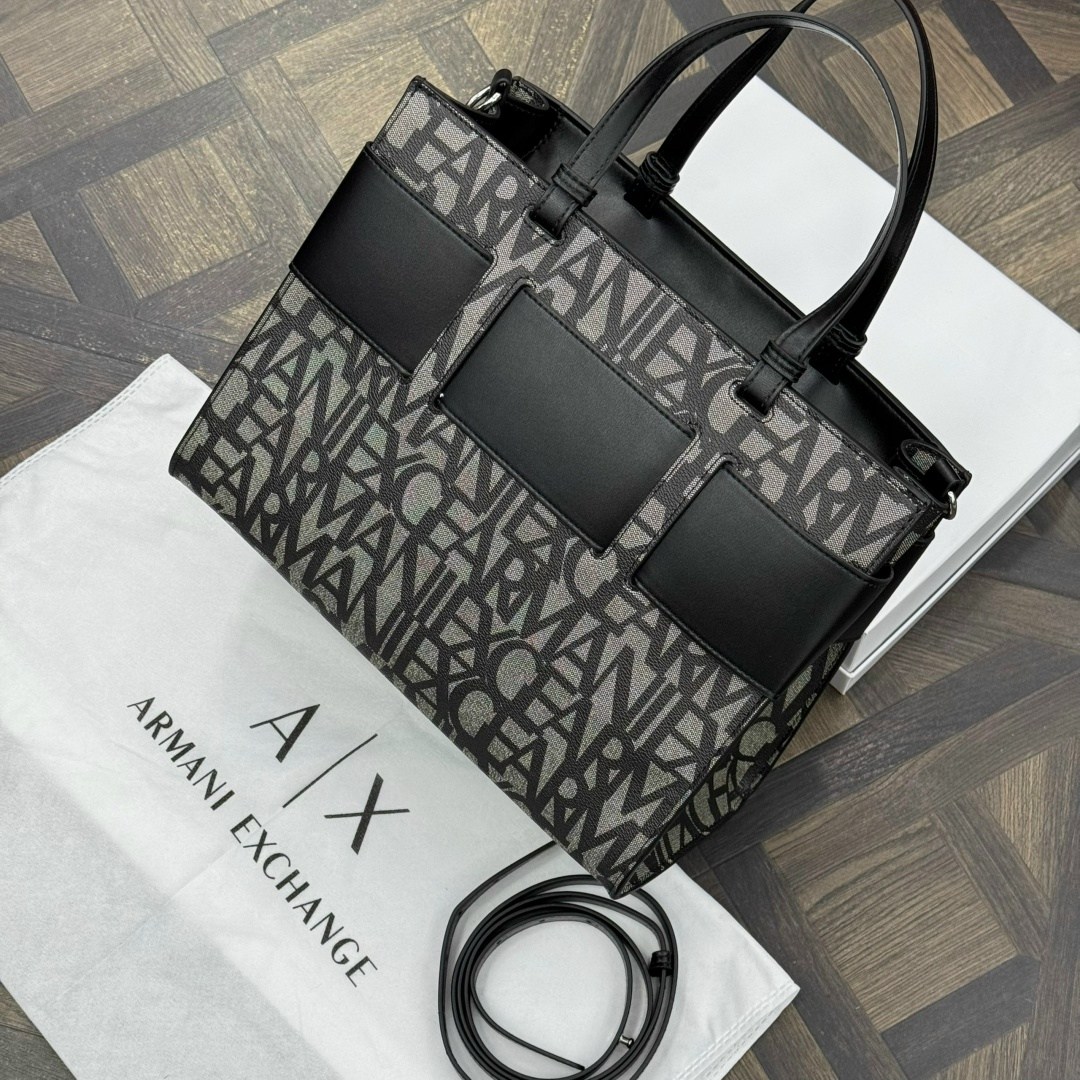 сумка armani exchange,сумка,сумка armani exchange женская,сумка armani exchange шоппер с логотипом черный,сумка armani exchange с логотипом черный серый