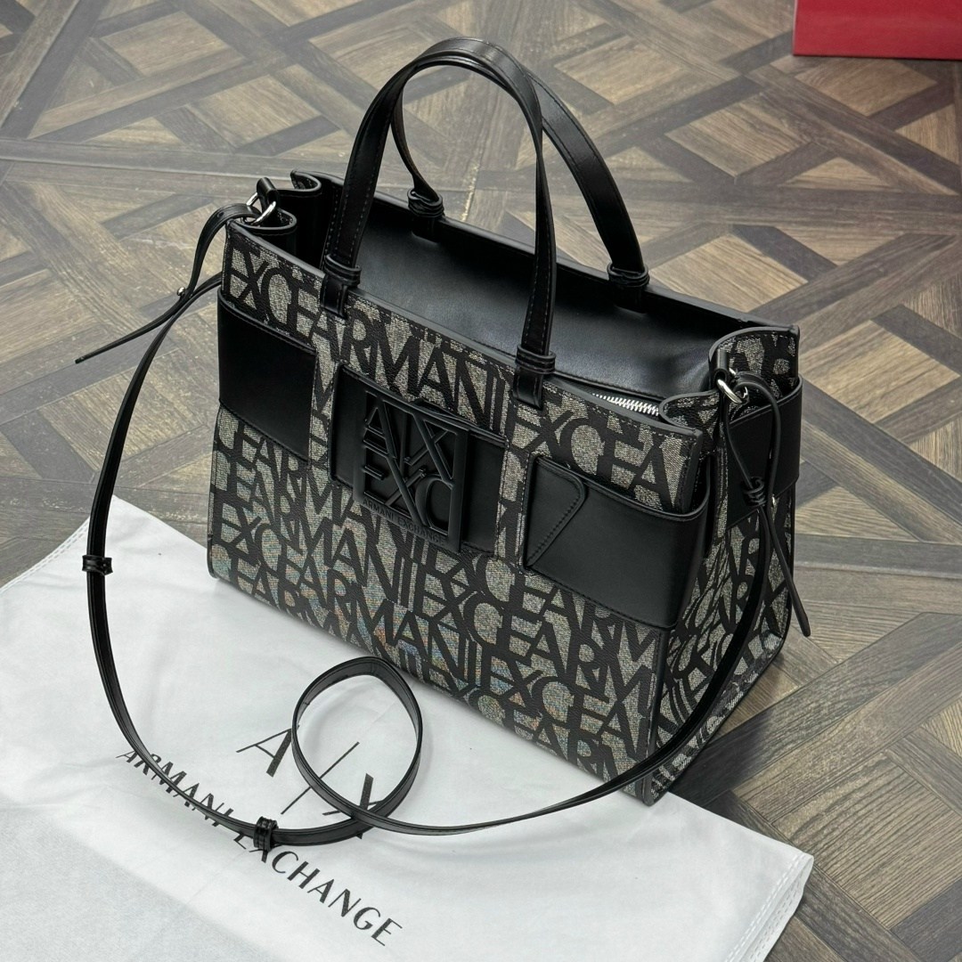сумка armani exchange,сумка,сумка armani exchange женская,сумка armani exchange шоппер с логотипом черный,сумка armani exchange с логотипом черный серый