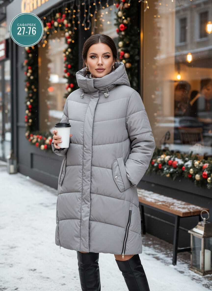 женский пуховик 7102-104,пальто пуховик удлиненный стеганый с капюшоном twin tip,женская зимняя куртка,серый длинный пуховик,женский пуховик
