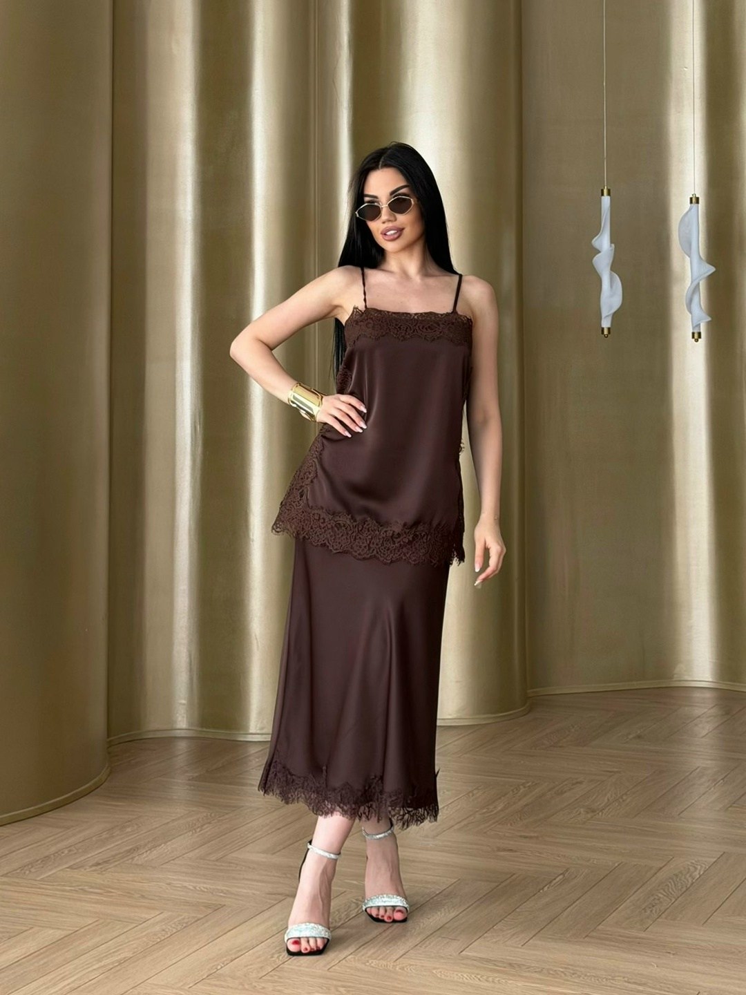 топ шелковый на бретельках бельевой felisse 7780263,шелковая майка с кружевом,шелковое платье с кружевом,топ шелковый на бретельках бельевой felisse кофейный,атласный топ