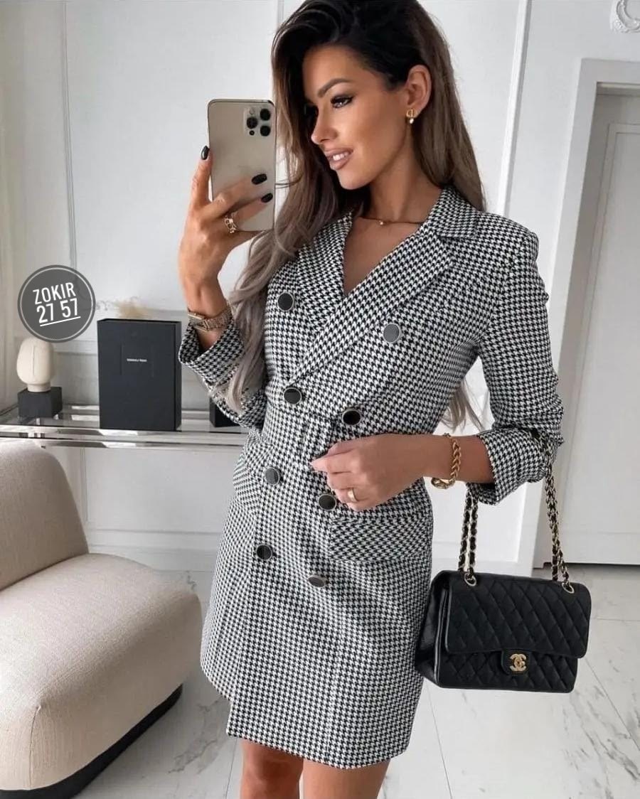 женский длинный пиджак в клетку,платье пиджак,платье пиджак в клетку,платье пиджак гусиная лапка,костюм с юбкой