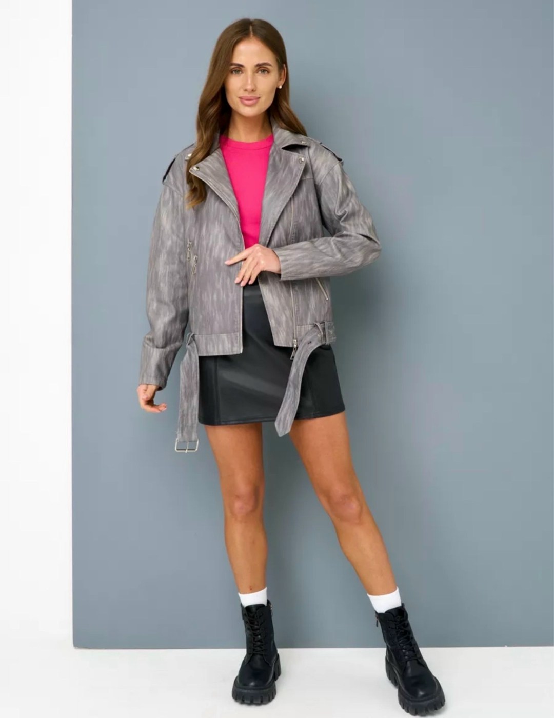 куртка косуха,кожаная куртка,женская серая кожаная оверсайз куртка косуха,куртка косуха женская,косуха женская