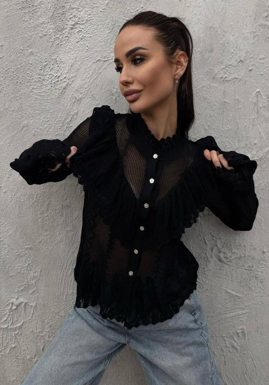 блузка с рюшами,прозрачная блузка,блузка женская,блуза,черная рубашка с рюшами блузки