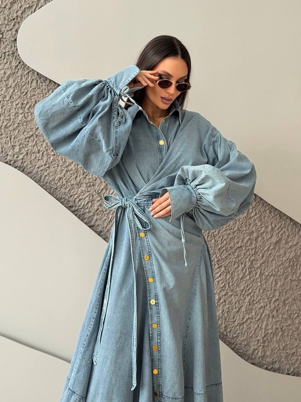 джинсовое платье,джинсовое платье миди,платье джинсовое длинное,женское джинсовое платье,модное джинсовое платье с рукавом "воздушный шар"