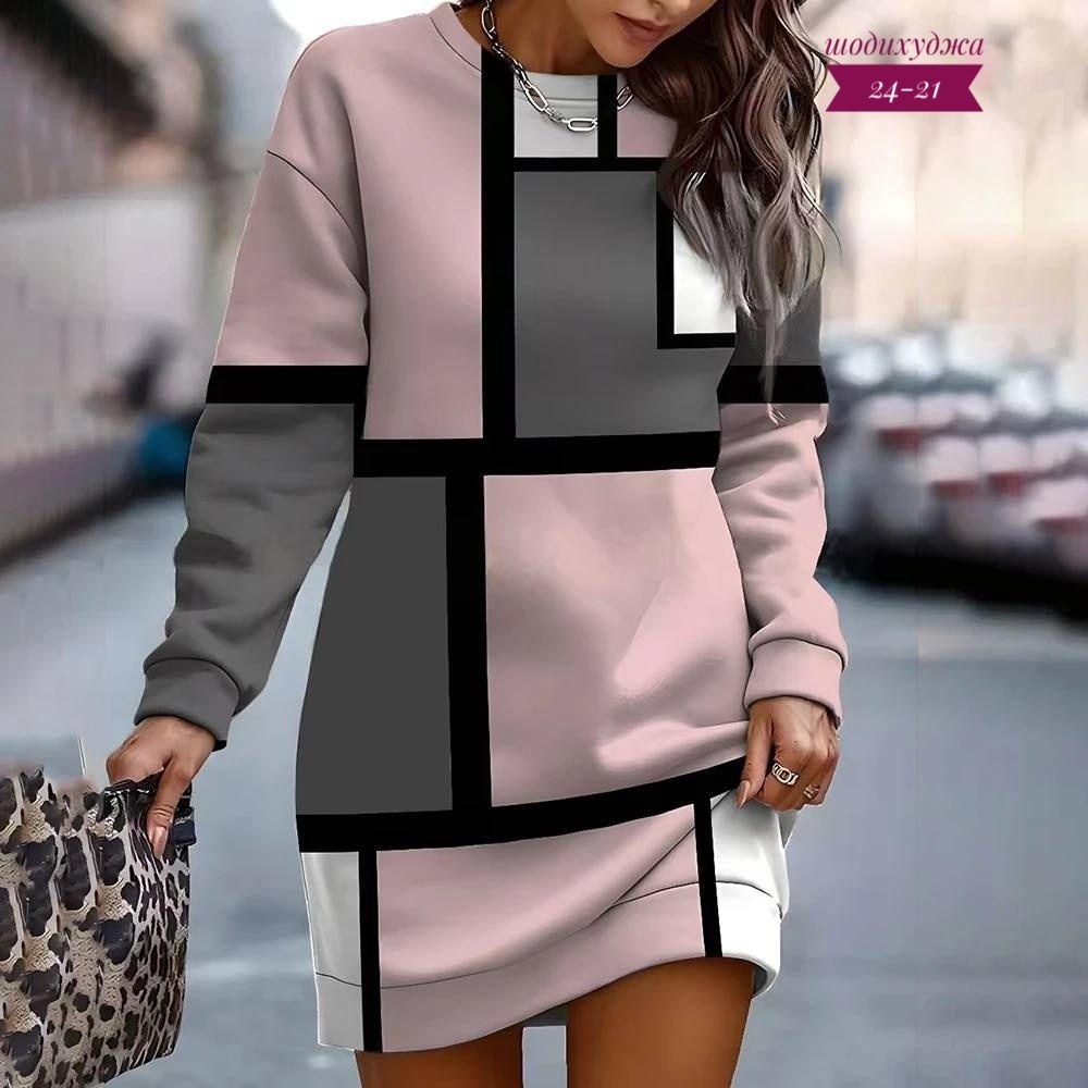 платье модное,платье свитшот женское,платье-туника женское,платье-толстовка с круглым вырезом и принтом для женщин осень/зима,платье свитшот