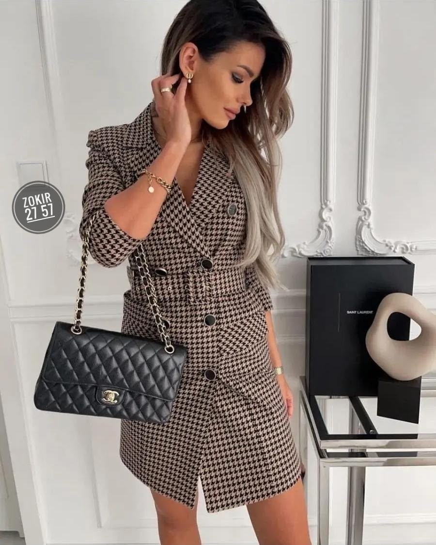 женский длинный пиджак в клетку,платье пиджак,платье пиджак в клетку,платье пиджак гусиная лапка,костюм с юбкой