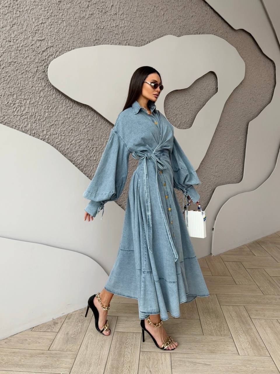 джинсовое платье,джинсовое платье миди,платье джинсовое длинное,женское джинсовое платье,модное джинсовое платье с рукавом "воздушный шар"