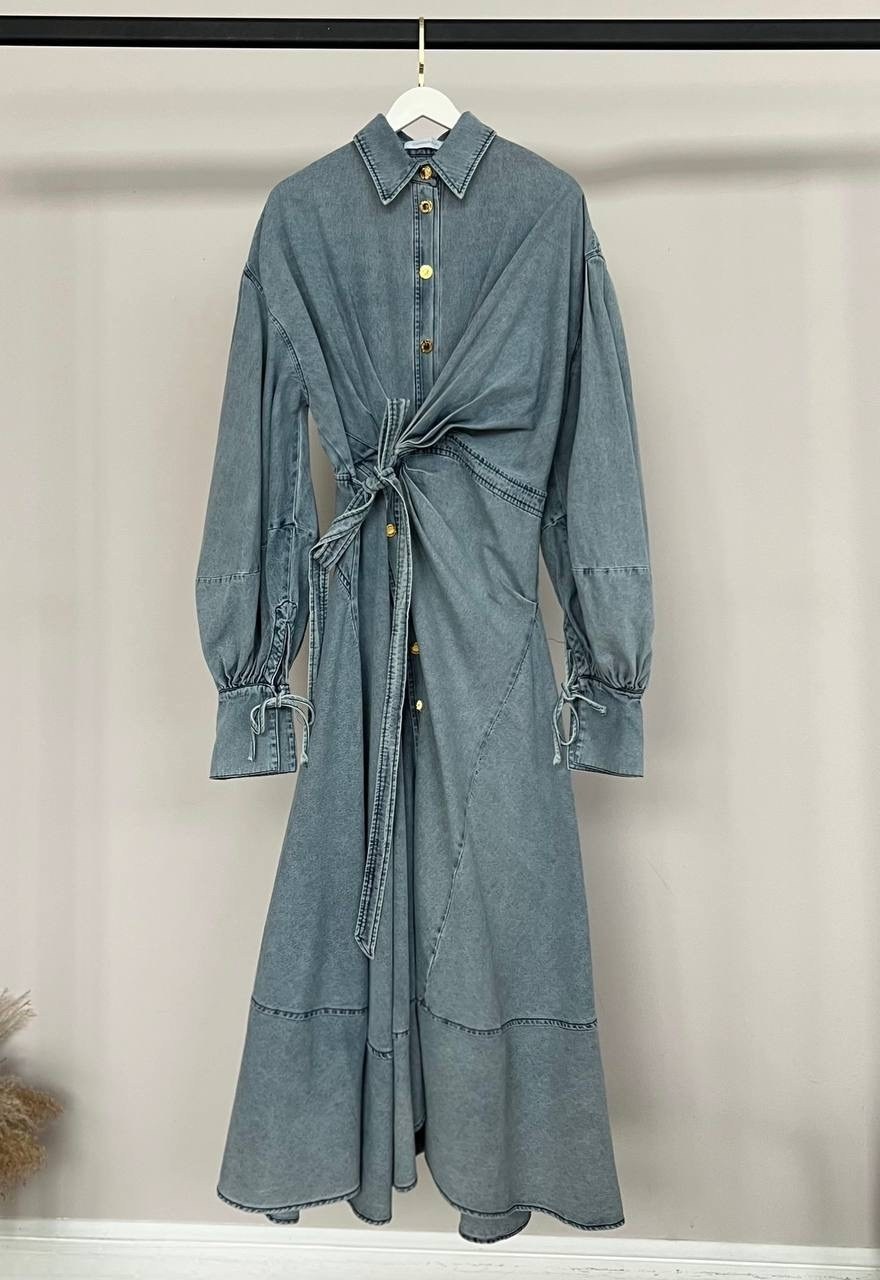 джинсовое платье,джинсовое платье миди,платье джинсовое длинное,женское джинсовое платье,модное джинсовое платье с рукавом "воздушный шар"