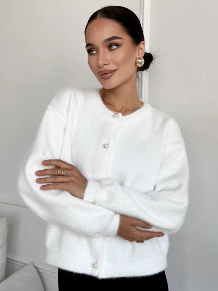 кардиган укороченный на пуговицах пушистый pustovaya 251160211,кардиган белый,кардиган,кофта белая,кардиган вязаный