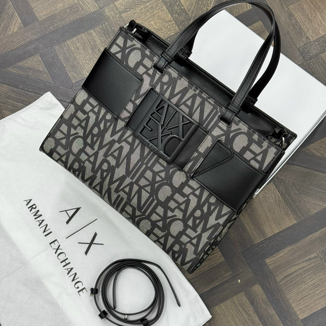сумка armani exchange,сумка,сумка armani exchange женская,сумка armani exchange шоппер с логотипом черный,сумка armani exchange с логотипом черный серый