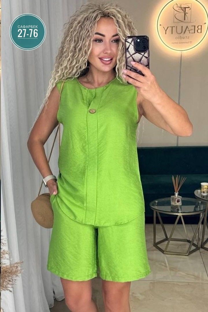 женский костюм с шортами,летние костюмы женские,костюм из льна лайм,костюм с шортам,женские костюмы