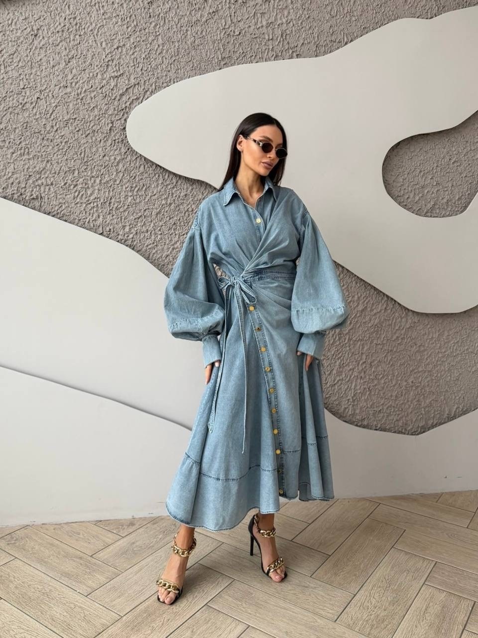 джинсовое платье,джинсовое платье миди,платье джинсовое длинное,женское джинсовое платье,модное джинсовое платье с рукавом "воздушный шар"