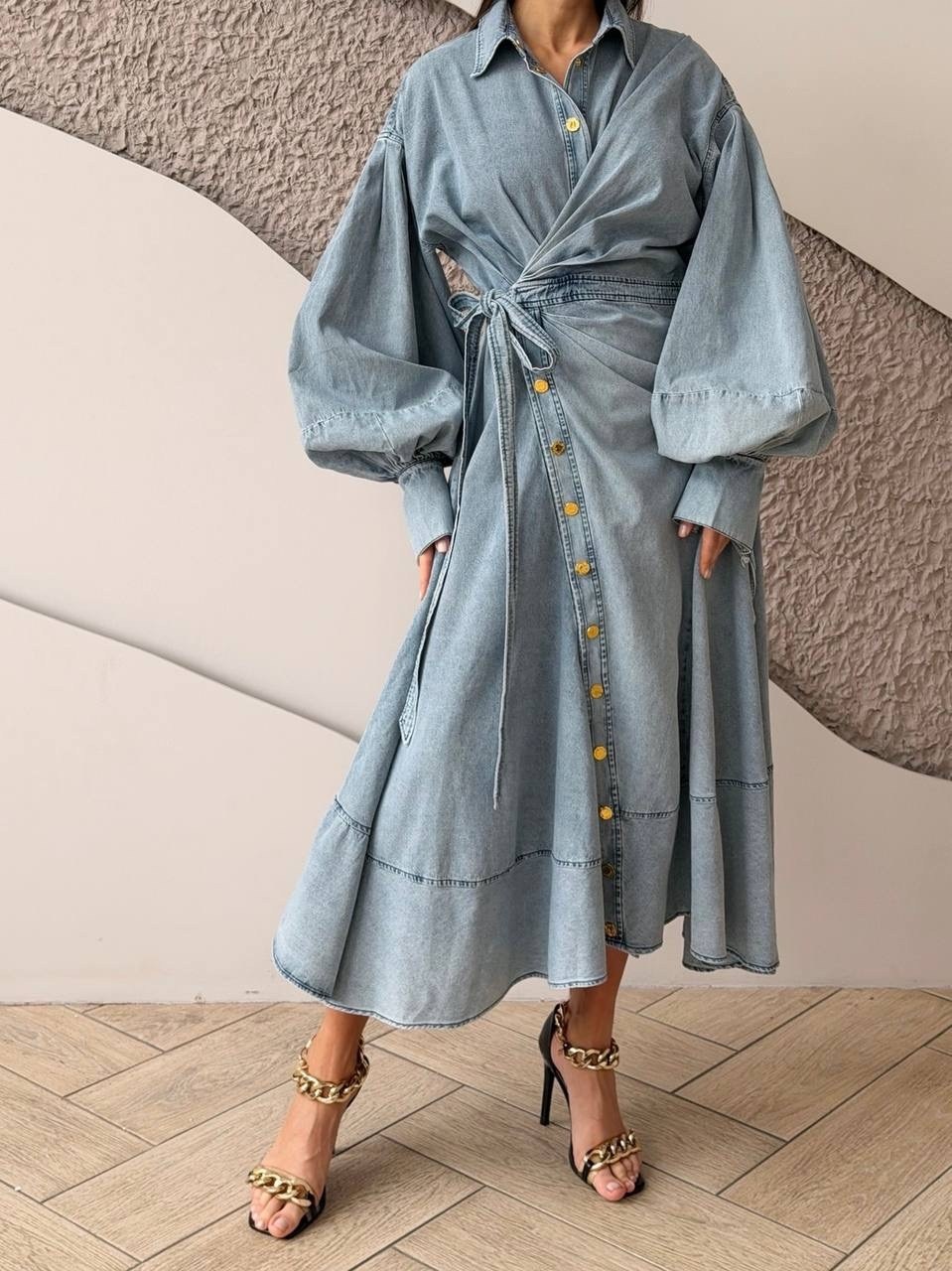 джинсовое платье,джинсовое платье миди,платье джинсовое длинное,женское джинсовое платье,модное джинсовое платье с рукавом "воздушный шар"