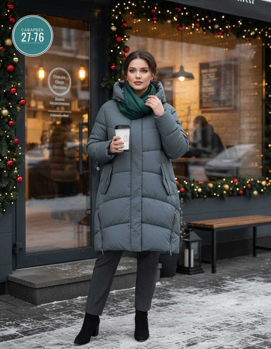 женский пуховик 7102-104,пальто пуховик удлиненный стеганый с капюшоном twin tip,женская зимняя куртка,серый длинный пуховик,женский пуховик