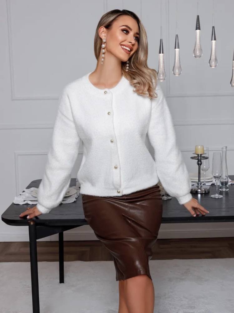кардиган укороченный на пуговицах пушистый pustovaya 251160211,кардиган белый,кардиган,кофта белая,кардиган вязаный