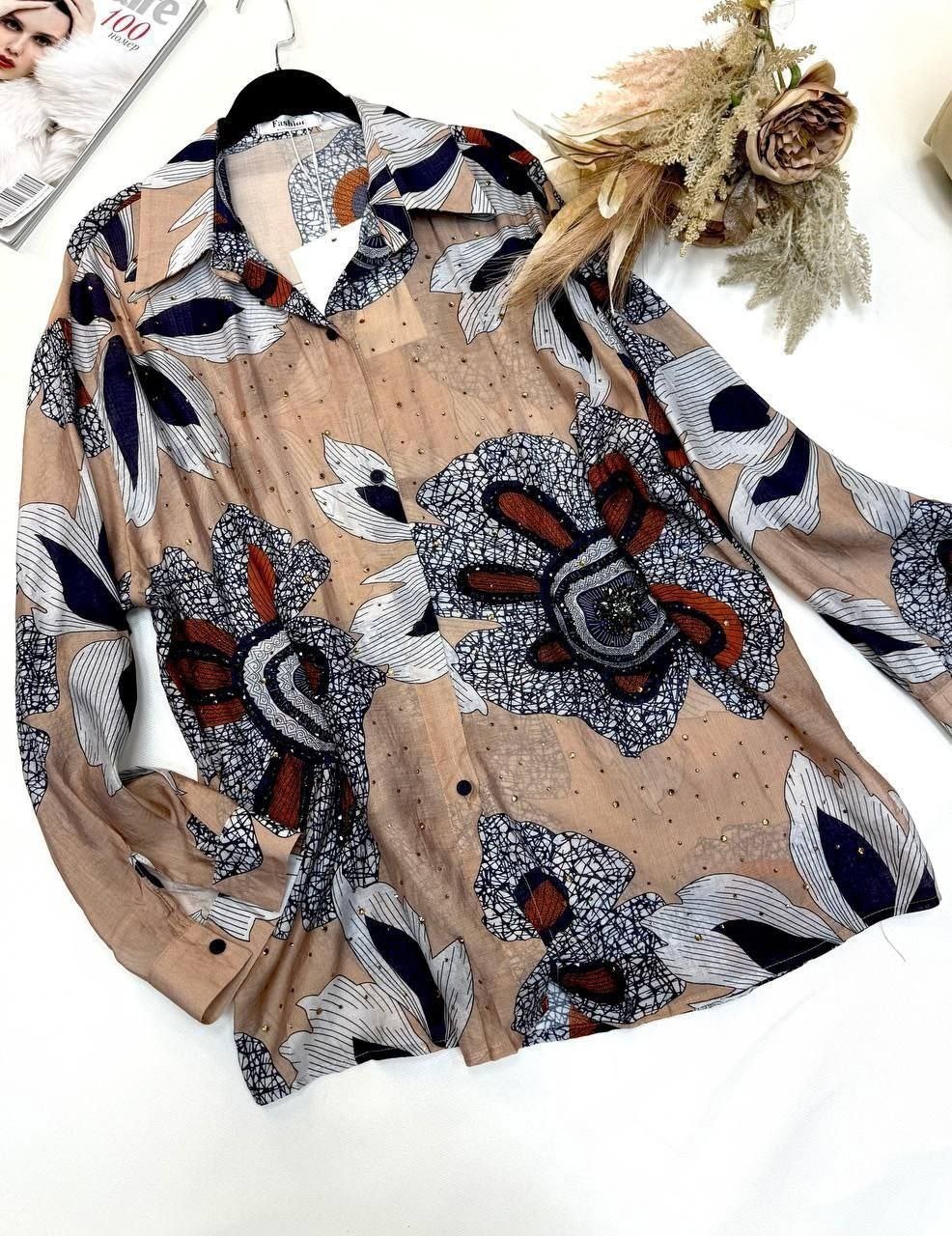 рубашка с принтом "облака" 120% lino,женская рубашка,рубашка шифоновая,рубашка женская голубая,женская блузка