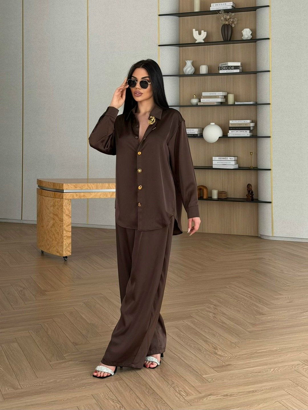 костюм брючный шёлк "шоколад",шелковый брючный костюм,атласный костюм,женский костюм,шелковый костюм