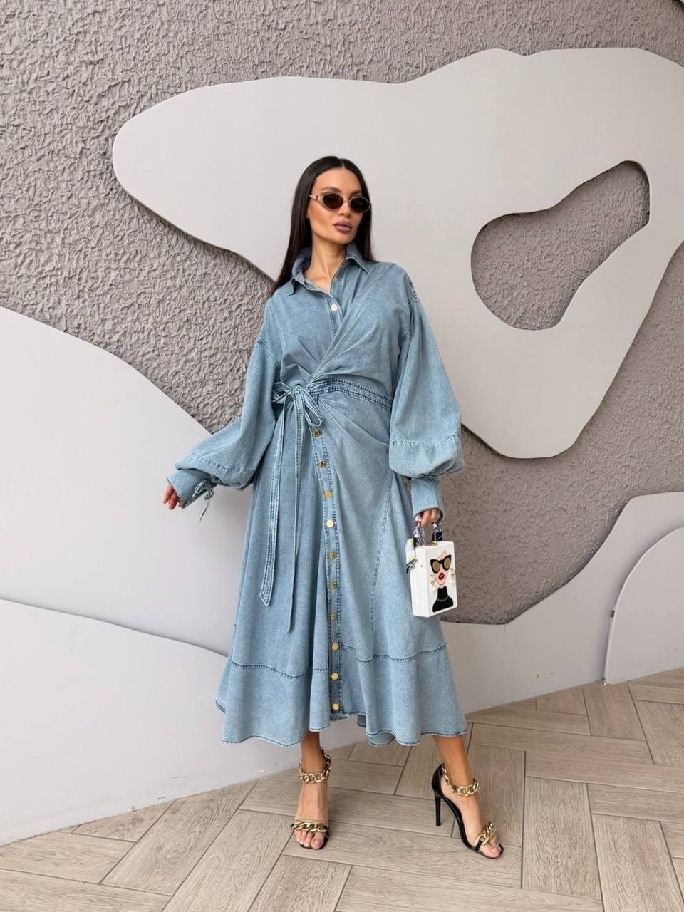 джинсовое платье,джинсовое платье миди,платье джинсовое длинное,женское джинсовое платье,модное джинсовое платье с рукавом "воздушный шар"