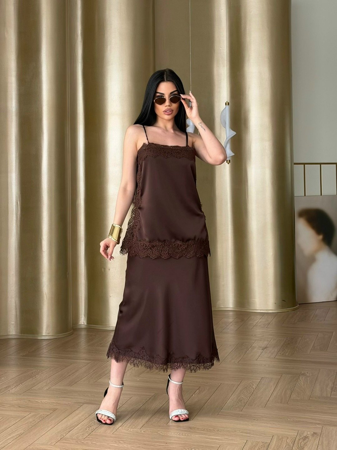 топ шелковый на бретельках бельевой felisse 7780263,шелковая майка с кружевом,шелковое платье с кружевом,топ шелковый на бретельках бельевой felisse кофейный,атласный топ