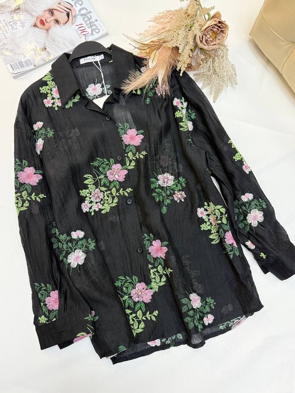 рубашка с принтом "облака" 120% lino,женская рубашка,рубашка шифоновая,рубашка женская голубая,женская блузка