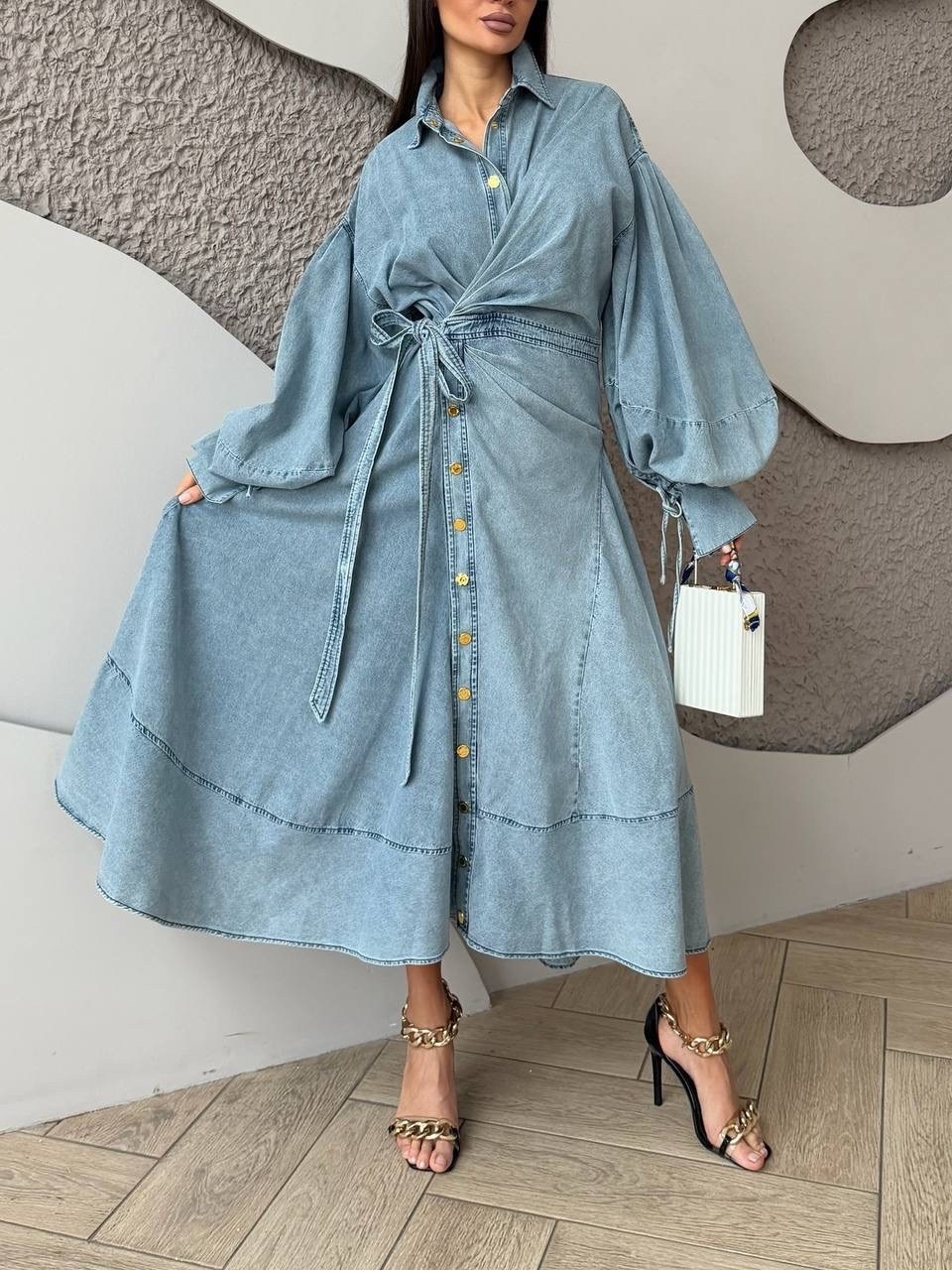 джинсовое платье,джинсовое платье миди,платье джинсовое длинное,женское джинсовое платье,модное джинсовое платье с рукавом "воздушный шар"