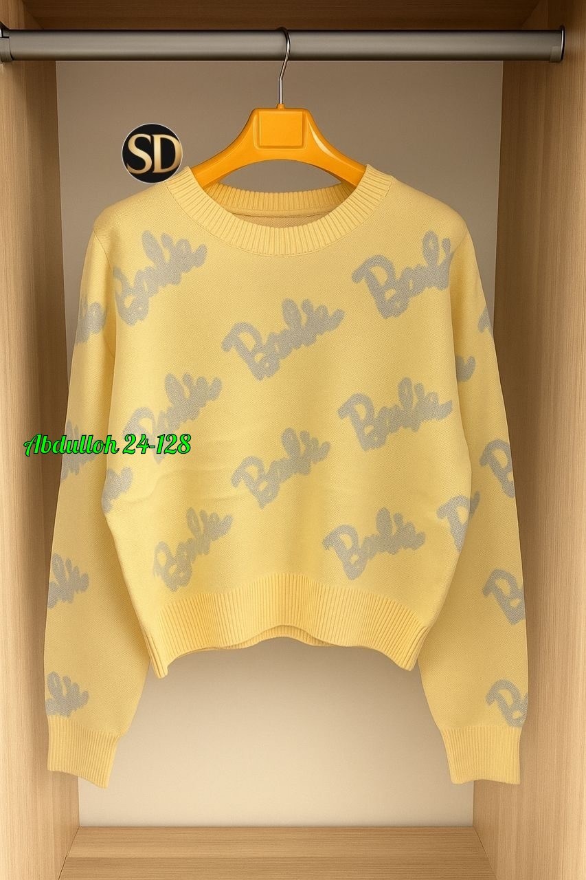 свитер женский,свитер оверсайз с надписью barbie,свитер оверсайз вязаный barbie,кофта женская,кофта свитер женский