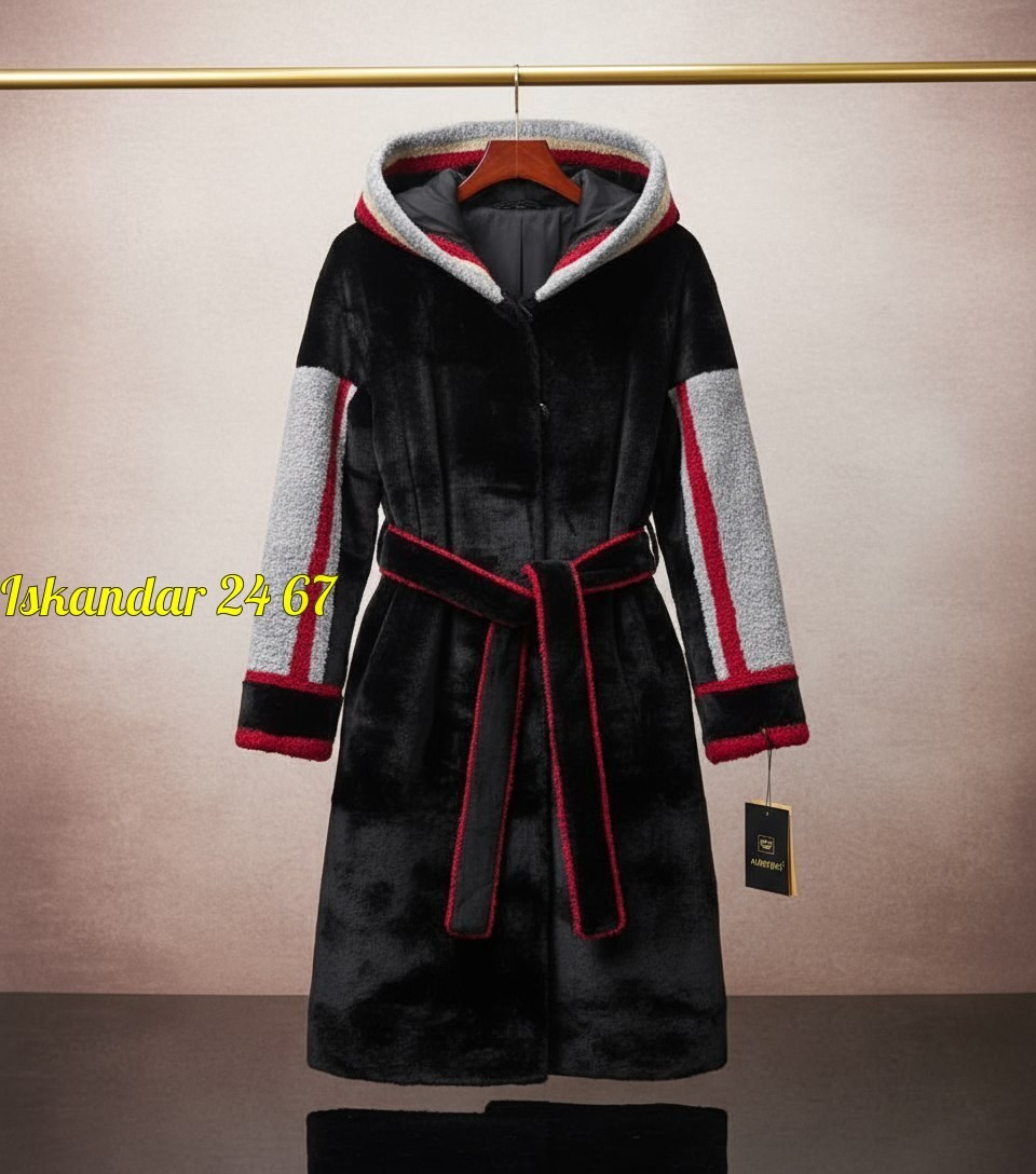 дизайнерская экошуба в спортивном стиле из комбинированного экомеха,мутоновая шуба,шуба из мутона,шуба из мутона с капюшоном отделка норка,шуба в спортивном стиле