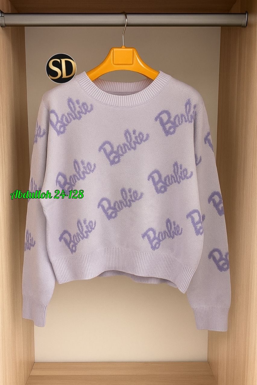 свитер женский,свитер оверсайз с надписью barbie,свитер оверсайз вязаный barbie,кофта женская,кофта свитер женский