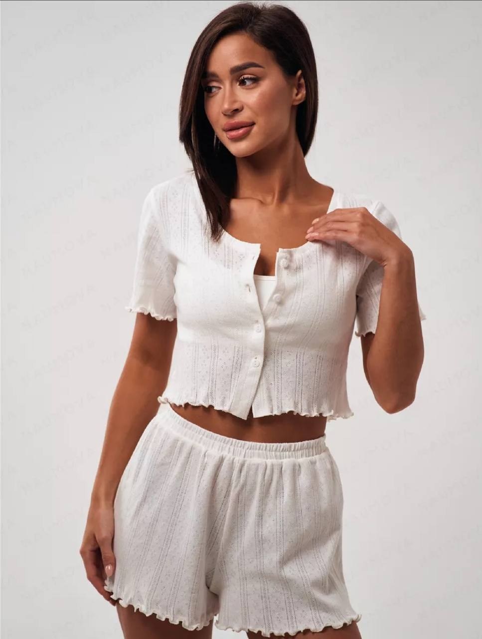 пижама кофта и шорты,комплект женской пижамы,пижама с шортами хлопок,женская пижама с шортами из ажурного хлопка happyfox,пижама женская