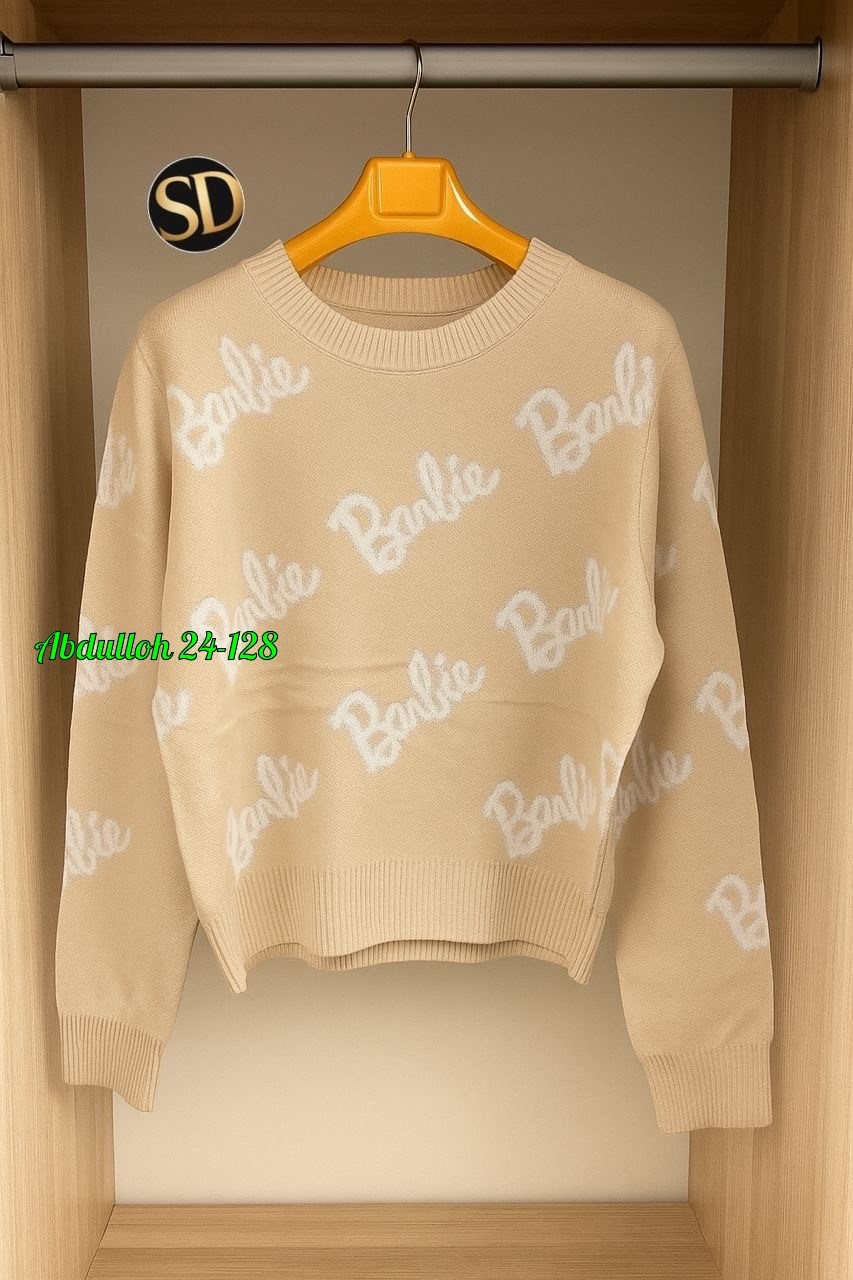 свитер женский,свитер оверсайз с надписью barbie,свитер оверсайз вязаный barbie,кофта женская,кофта свитер женский