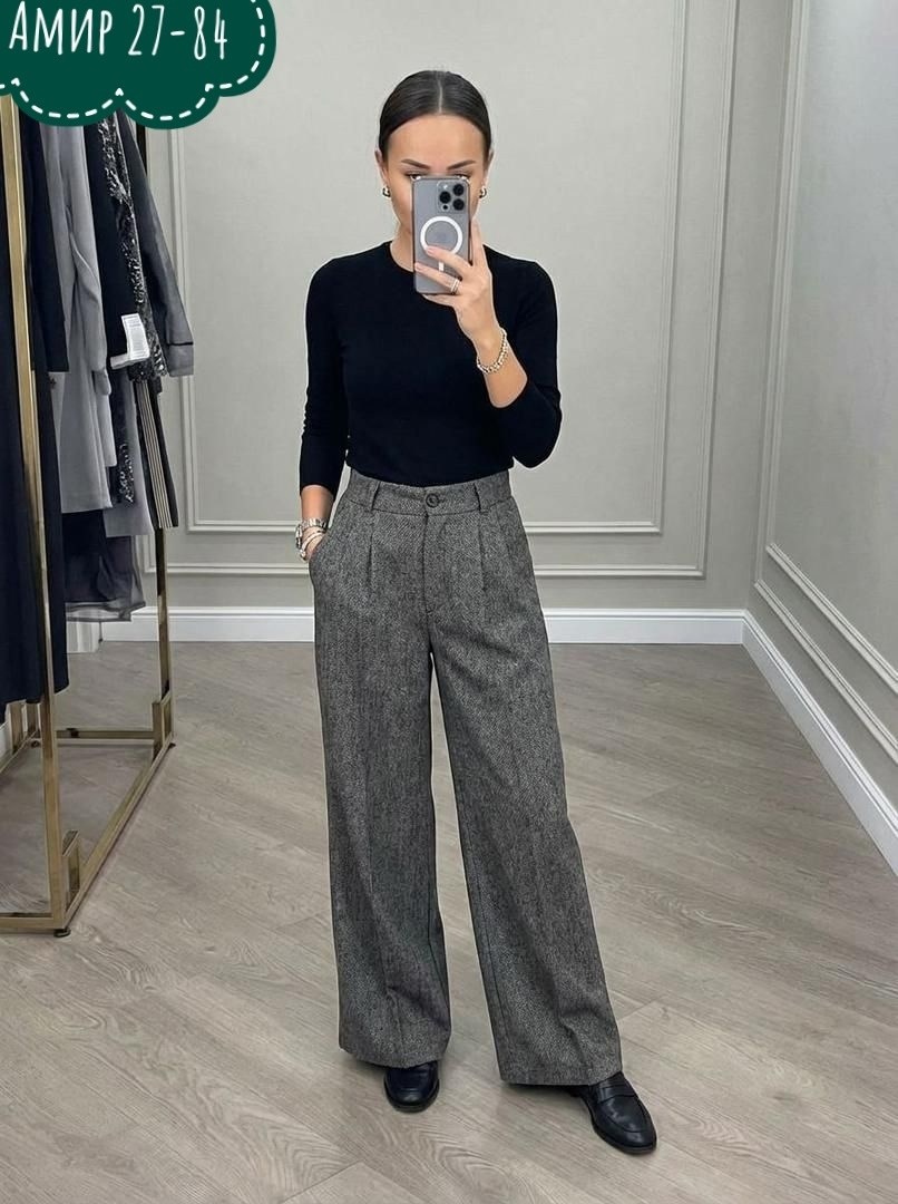 брюки палаццо kiazo размер 42 серый,женские брюки палаццо теплые серые 3184,женские брюки палаццо теплые серые,брюки теплые классические прямые палаццо,женские брюки палаццо