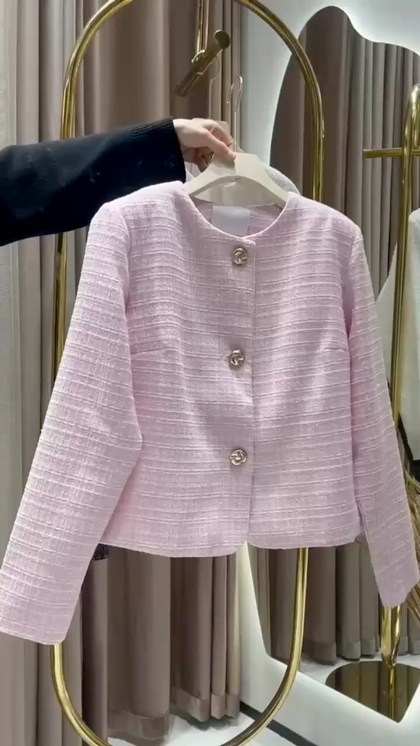 женский твидовый пиджак,жакет в стиле шанель,розовый твидовый пиджак,элегантная розовая твидовая укороченная куртка с круглым вырезом,твидовый пиджак