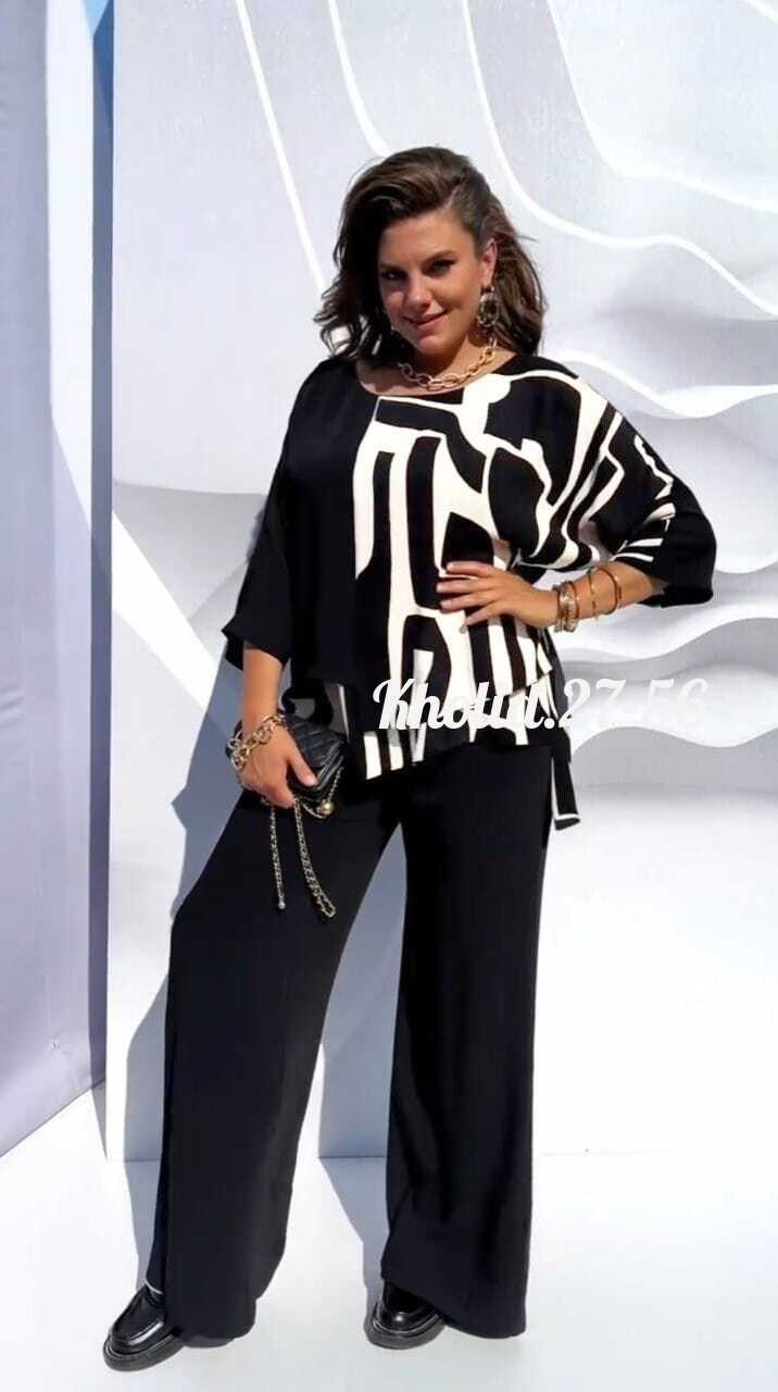 женский костюм двойка,черный демисезонный костюм oversize с блузой и широкими брюками vittoria queen 20323,брючный комплект,комплект брючный vittoria queen,брючный костюм