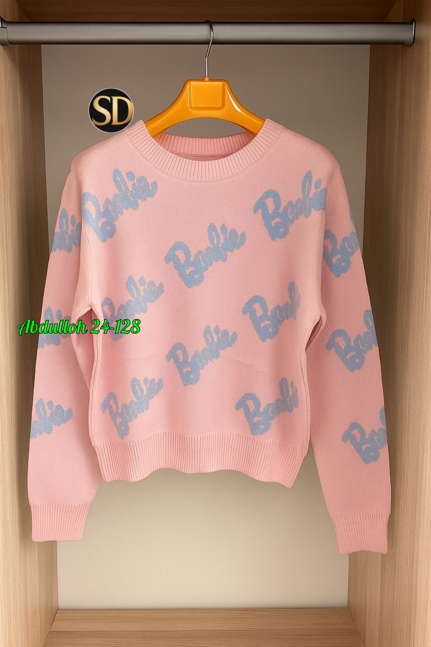 свитер женский,свитер оверсайз с надписью barbie,свитер оверсайз вязаный barbie,кофта женская,кофта свитер женский