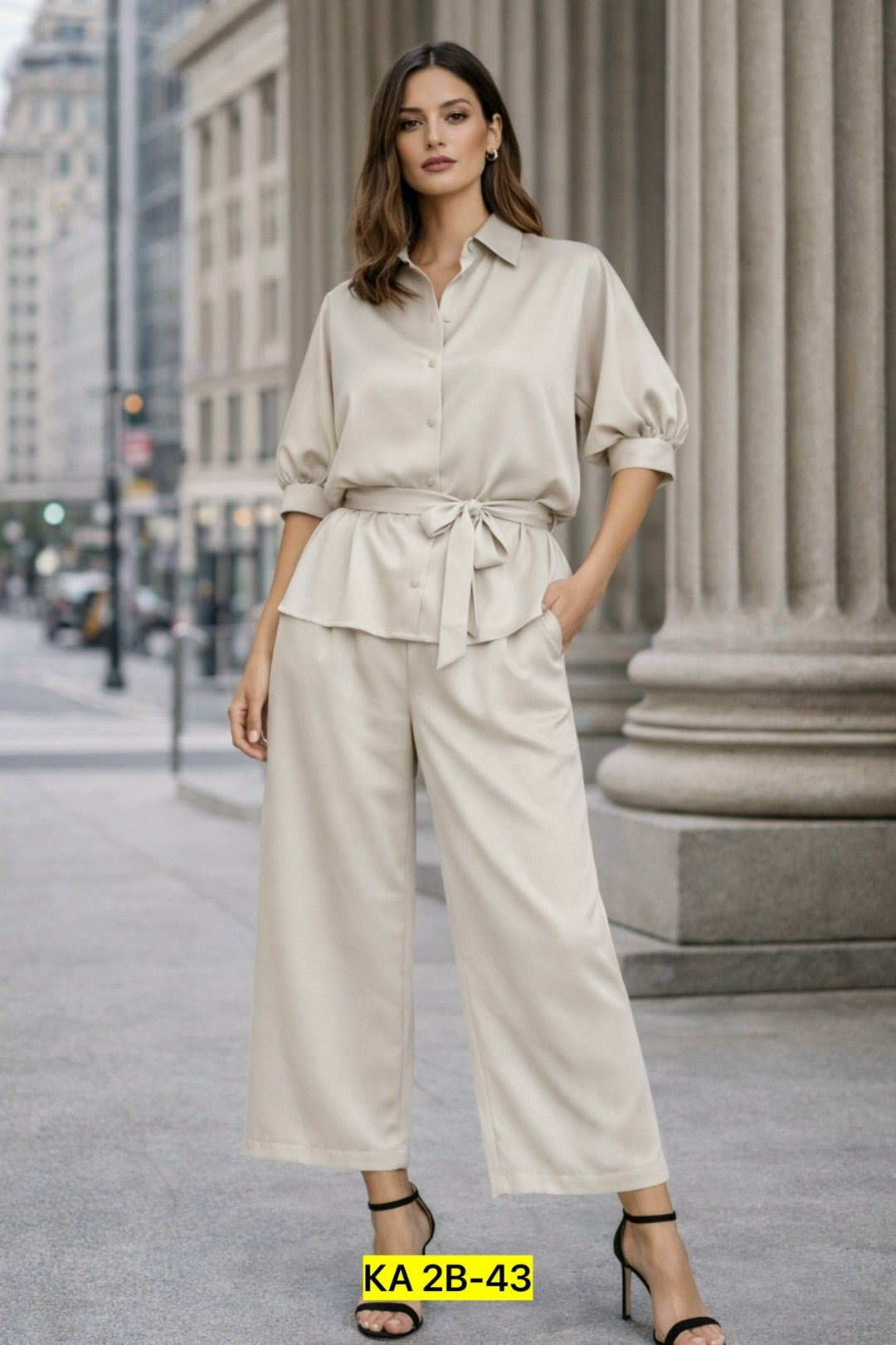 брюки палаццо zarina iconic размер xs (ru 42) бежевый,костюм женский с брюками палаццо,летний костюм с брюками палаццо,широкие брюки,блузка с брюками палаццо