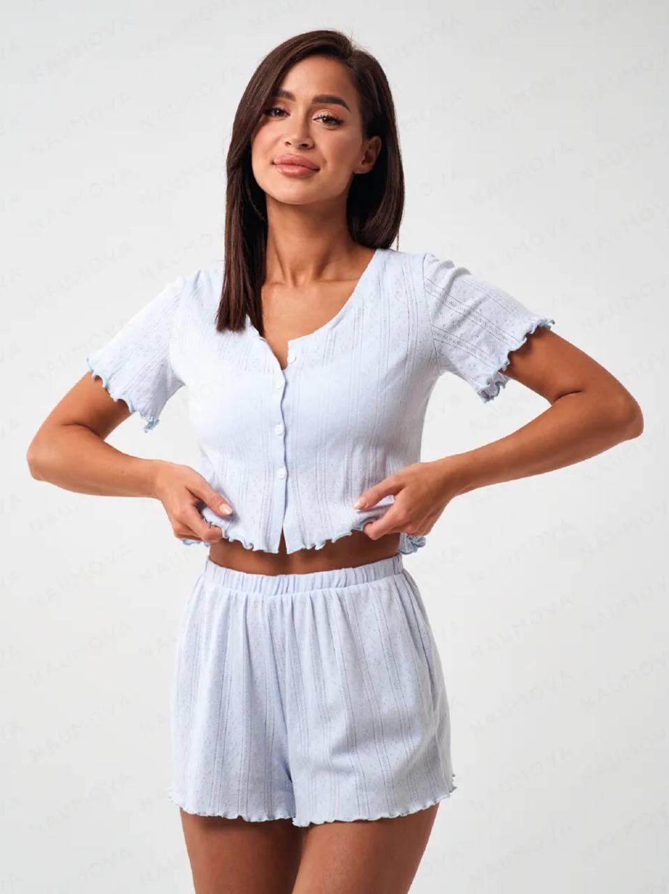 пижама кофта и шорты,комплект женской пижамы,пижама с шортами хлопок,женская пижама с шортами из ажурного хлопка happyfox,пижама женская