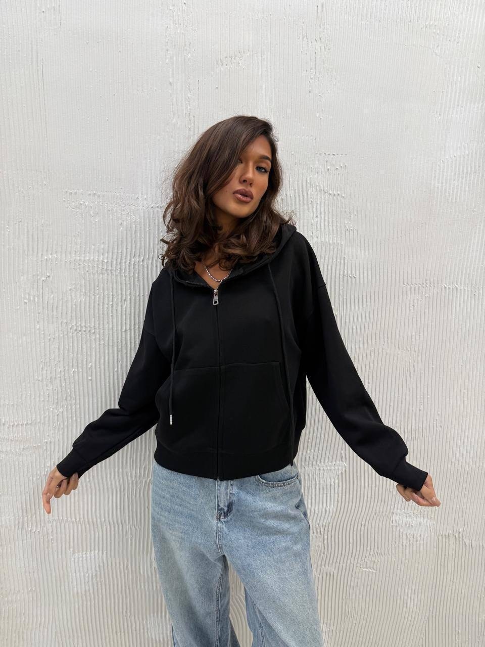 кофта на флисе,женская толстовка,кофта оверсайз с капюшоном на молнии samarshop цвет черный,кофта оверсайз с капюшоном на молнии,кофта на молнии зипка оверсайз