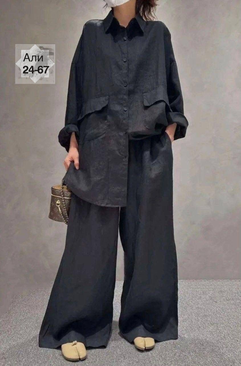 костюм брючный льняной женский широкие брюки и рубашка moda-mo,льняной костюм оверсайз женский брючный,костюм брючный льняной,костюм льняной женский двойка,костюм женский модный льняной