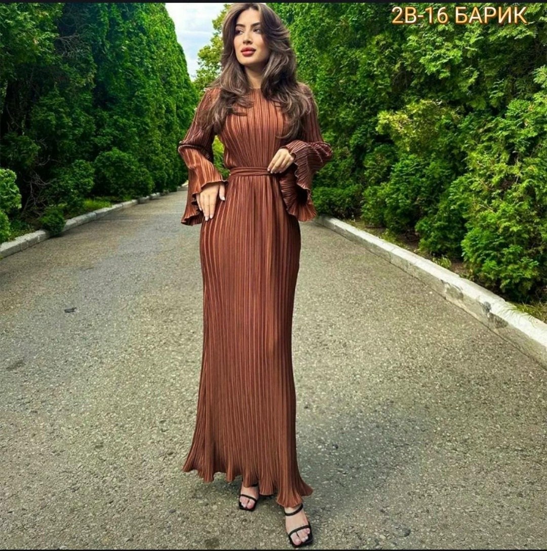 женское платье макси с длинным рукавом, однотонное плиссированное платье-туника,повседневное однотонное плиссированное платье с круглым вырезом и расклешенными рукавами,женское длинное плиссированное